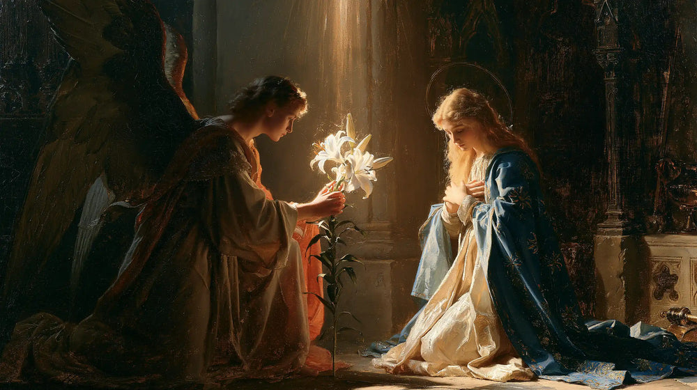 the Annunciation with the white lily as a central symbol in The White Lily as Symbol style, landscape Christian artwork no. 16
