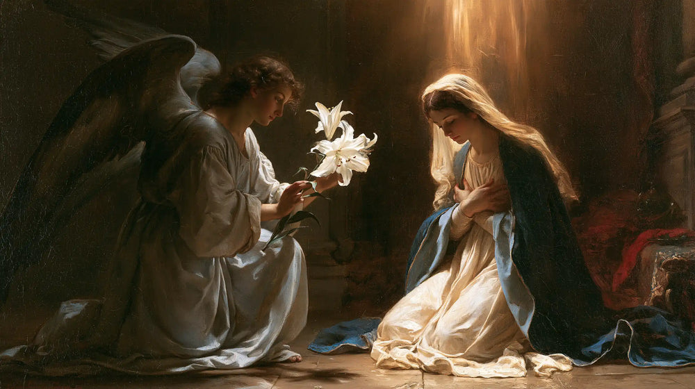 the Annunciation with the white lily as a central symbol in The White Lily as Symbol style, landscape Christian artwork no. 20