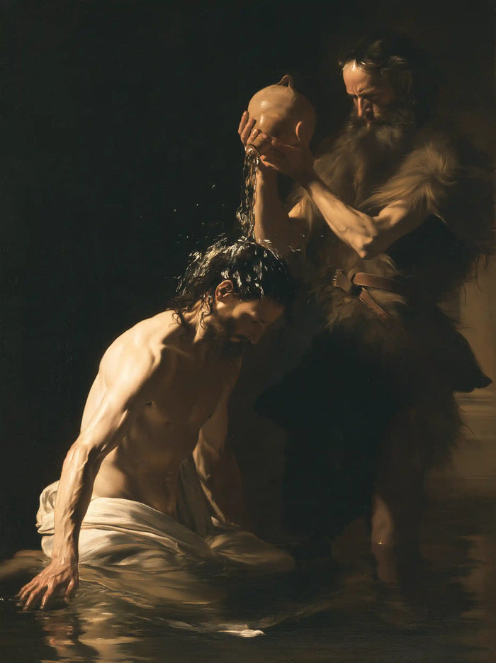 The Baptism of Jesus – Caravaggio Tenebrism · Kneeling in the Jordan · Portrait no. 2