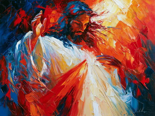 Jesus as Divine Mercy with red and pale rays, expressionist landscape Christian artwork