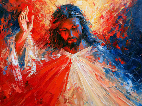 Jesus as Divine Mercy with red and pale rays, expressionist landscape Christian artwork