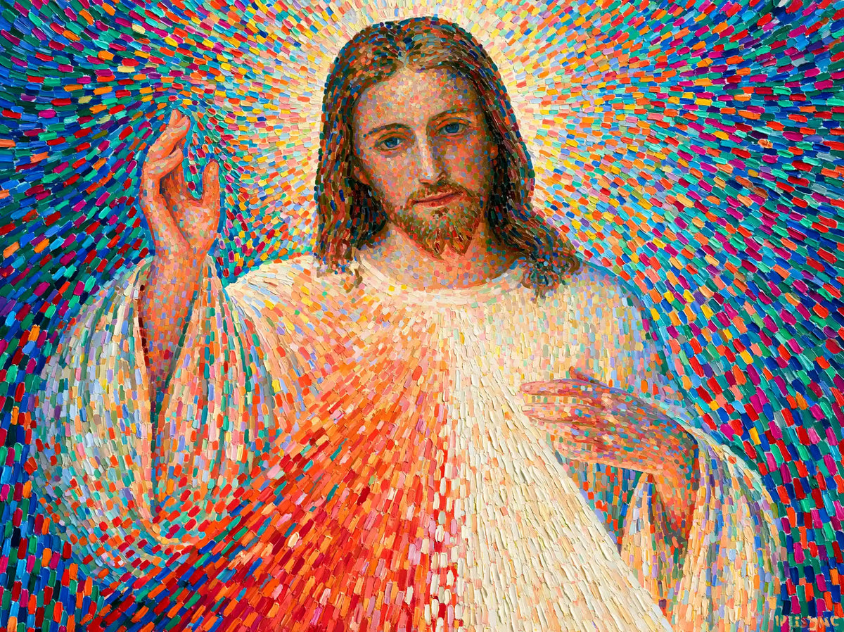Jesus as Divine Mercy with red and pale rays, pointillist & neo-impressionist landscape Christian artwork