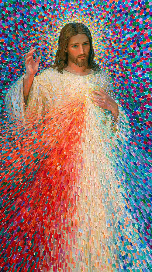 Jesus as Divine Mercy with red and pale rays, pointillist & neo-impressionist portrait Christian artwork