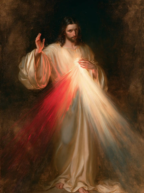 Divine Mercy Jesus with radiant red and pale rays in Rays of Mercy style, portrait Christian artwork no. 6