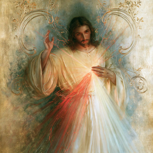 Divine Mercy Jesus framed by sacred Art Nouveau ornament in Sacred Art Nouveau style, square Christian artwork no. 3