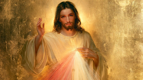Divine Mercy Jesus in radiant golden light in Sacred Gold style, landscape Christian artwork no. 4