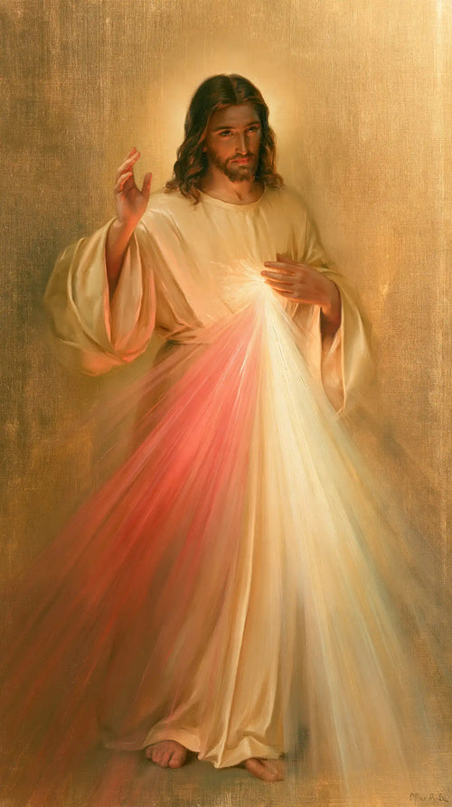 Divine Mercy Jesus in radiant golden light in Sacred Gold style, portrait Christian artwork no. 3