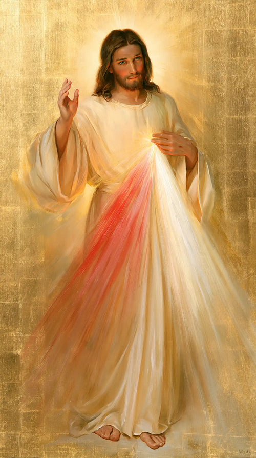 Divine Mercy Jesus in radiant golden light in Sacred Gold style, portrait Christian artwork no. 12