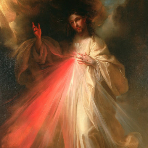 Divine Mercy Jesus in a theatrical Baroque scene in Theatrical Baroque style, square Christian artwork no. 3