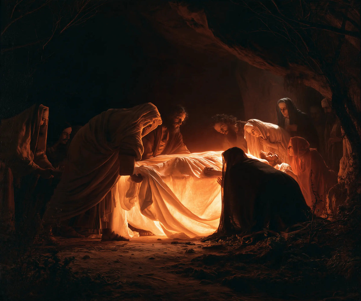 Entombment of Jesus Christ in Divine Light style, landscape Christian artwork no. 3