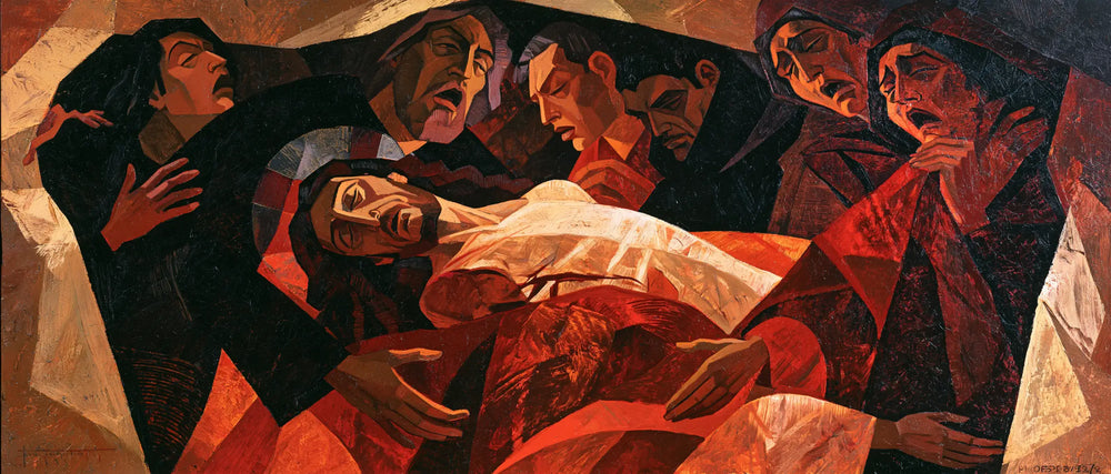 Entombment of Jesus Christ in Expressionist style, landscape Christian artwork no. 10