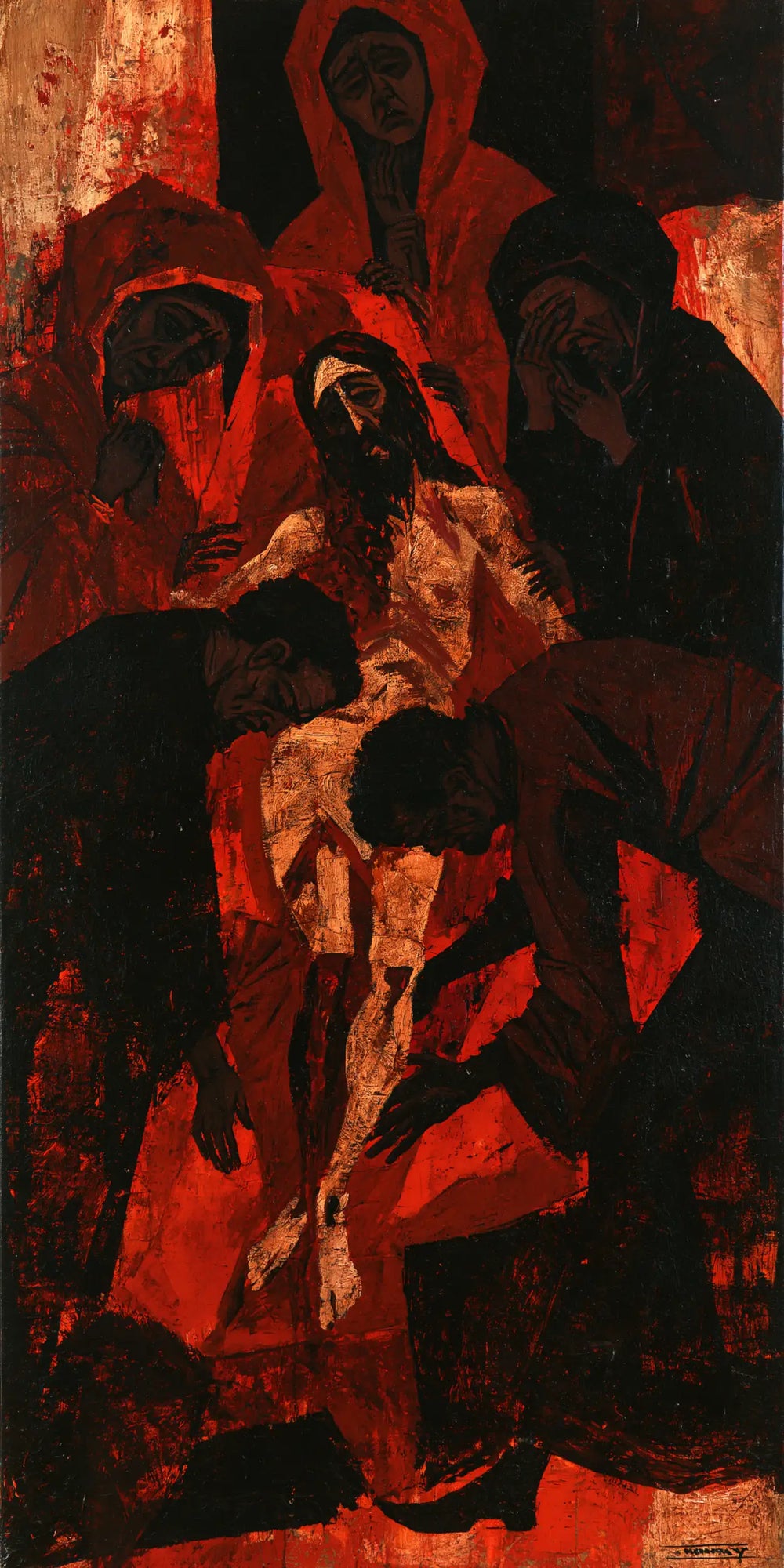 Entombment of Jesus Christ in Expressionist style, portrait Christian artwork no. 1