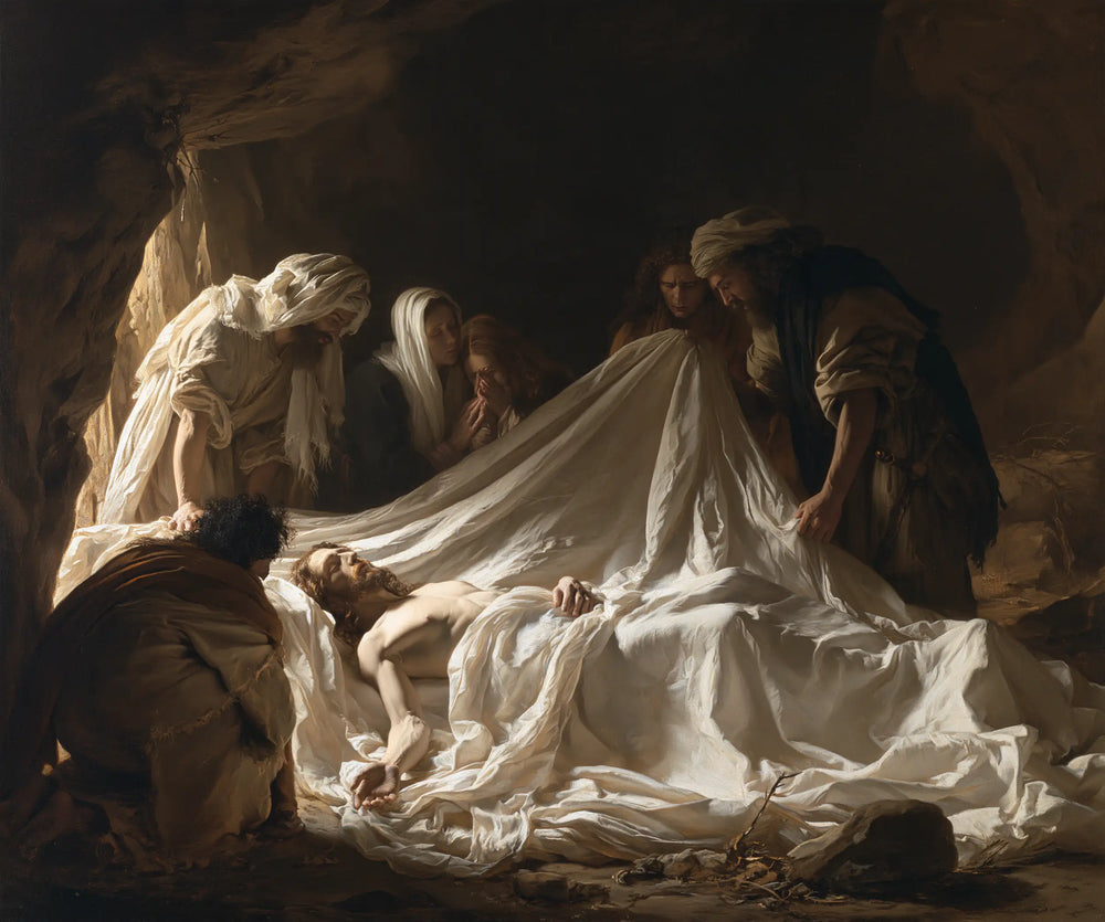 Entombment of Jesus Christ in Sacred Silence style, landscape Christian artwork no. 3