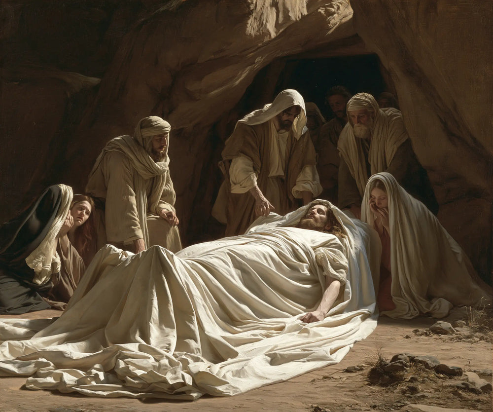 Entombment of Jesus Christ in Sacred Silence style, landscape Christian artwork no. 4
