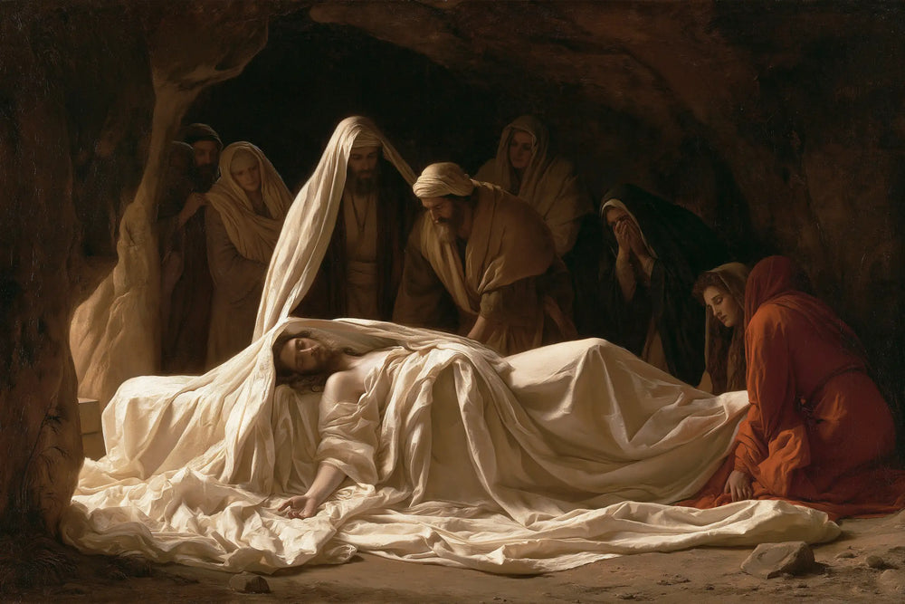 Entombment of Jesus Christ in Sacred Silence style, landscape Christian artwork no. 11