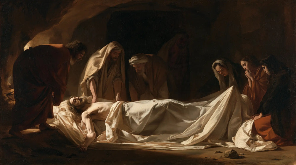 Entombment of Jesus Christ in Sacred Silence style, landscape Christian artwork no. 15