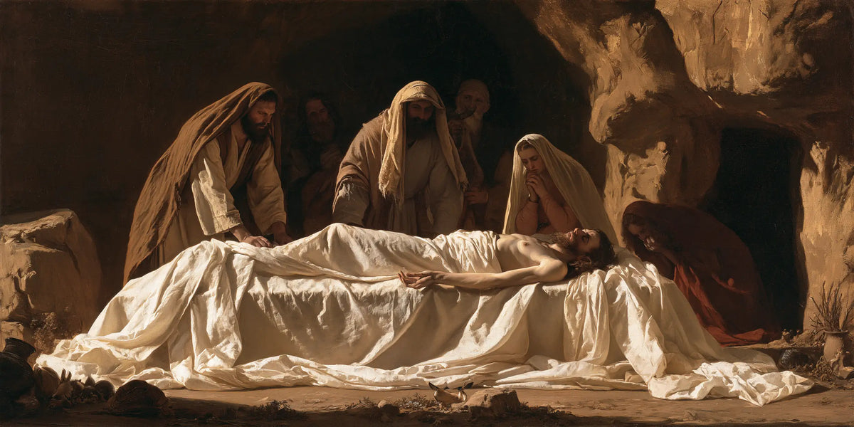 Entombment of Jesus Christ in Sacred Silence style, landscape Christian artwork no. 19