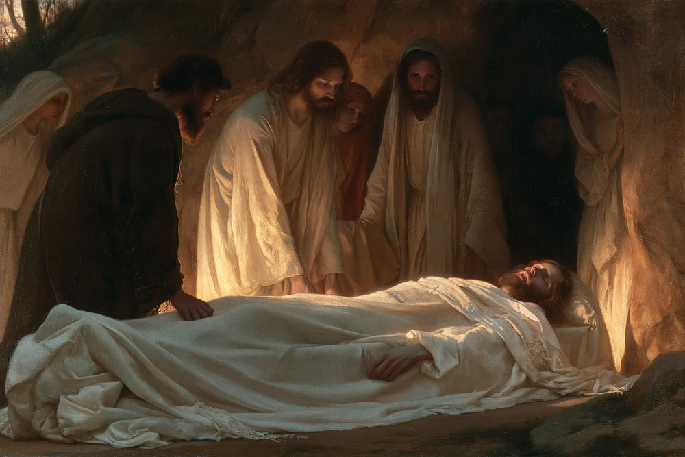 Entombment of Jesus Christ in Symbolist style, landscape Christian artwork no. 7