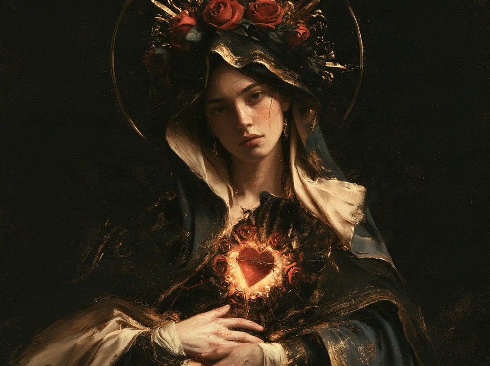the Immaculate Heart of Mary in black and gold in Black and Gold style, landscape Christian artwork no. 1