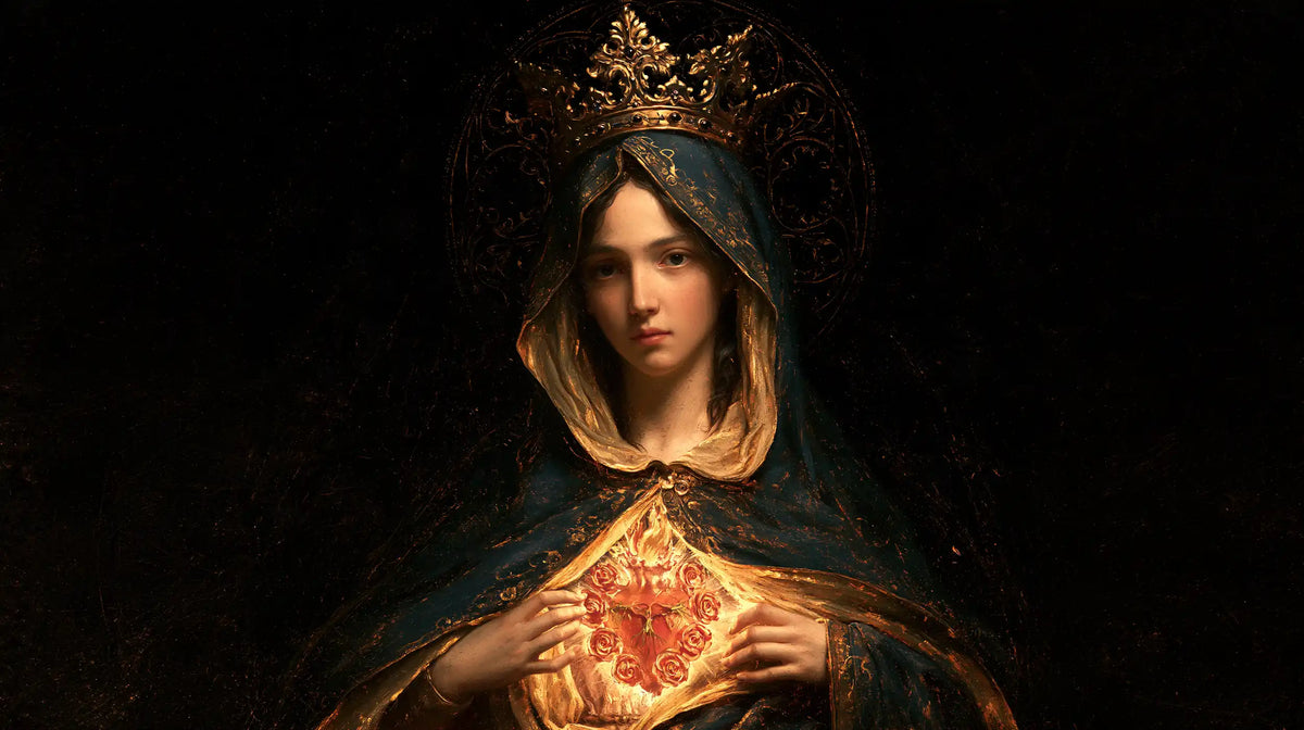 the Immaculate Heart of Mary in black and gold in Black and Gold style, landscape Christian artwork no. 13