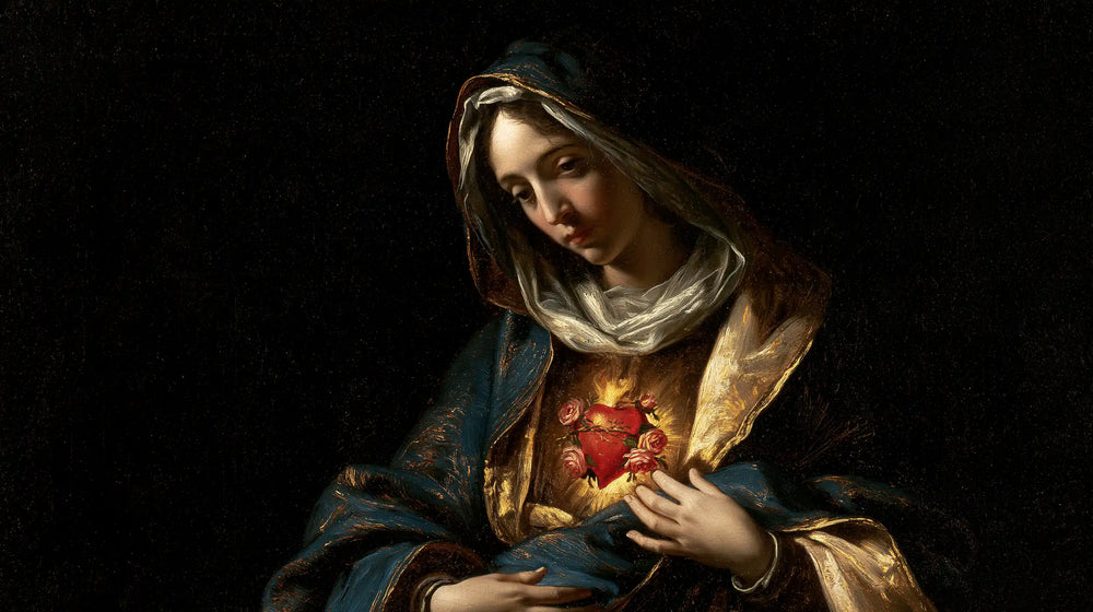 the Immaculate Heart of Mary in black and gold in Black and Gold style, landscape Christian artwork no. 15