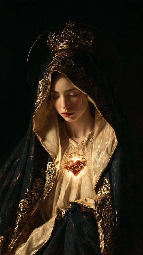 the Immaculate Heart of Mary in black and gold in Black and Gold style, portrait Christian artwork no. 8