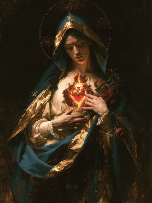 the Immaculate Heart of Mary in black and gold in Black and Gold style, portrait Christian artwork no. 14
