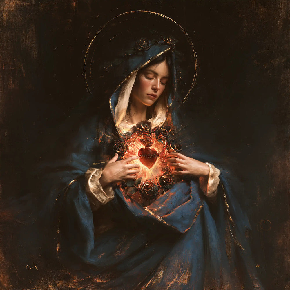 the Immaculate Heart of Mary in black and gold in Black and Gold style, square Christian artwork no. 3