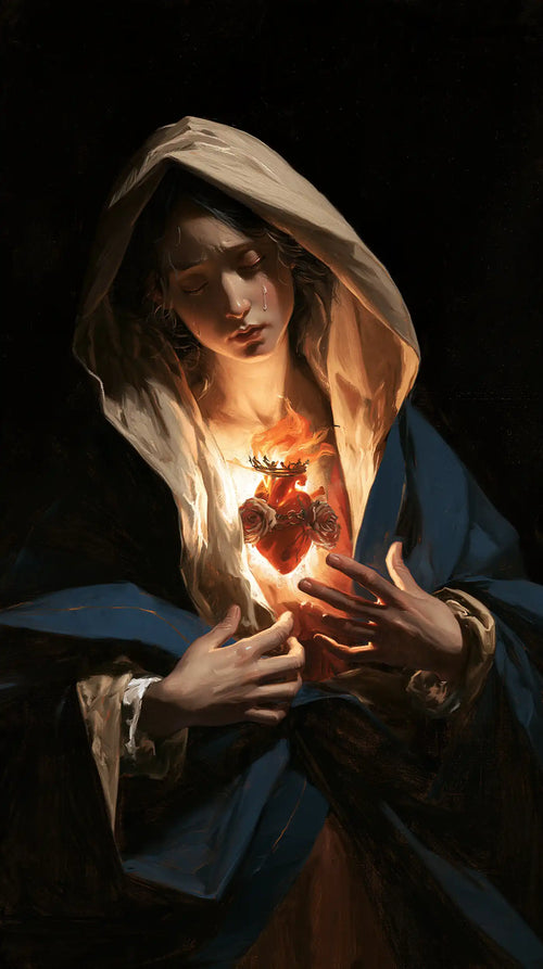 the Immaculate Heart of Mary in dramatic chiaroscuro in Caravaggio Tenebrism style, portrait Christian artwork no. 3