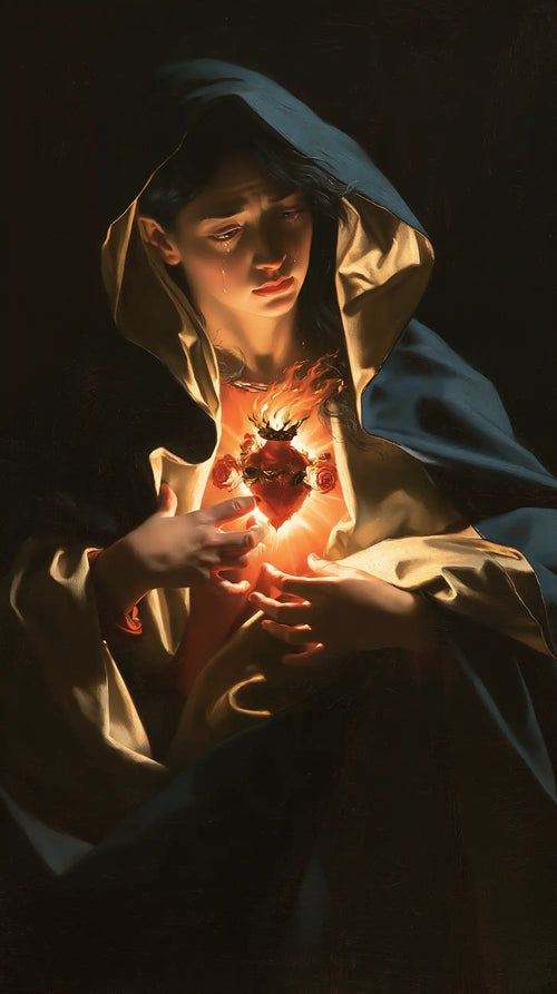 the Immaculate Heart of Mary in dramatic chiaroscuro in Caravaggio Tenebrism style, portrait Christian artwork no. 5