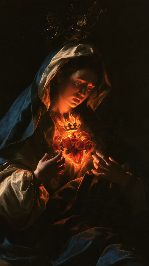 the Immaculate Heart of Mary in dramatic chiaroscuro in Caravaggio Tenebrism style, portrait Christian artwork no. 8