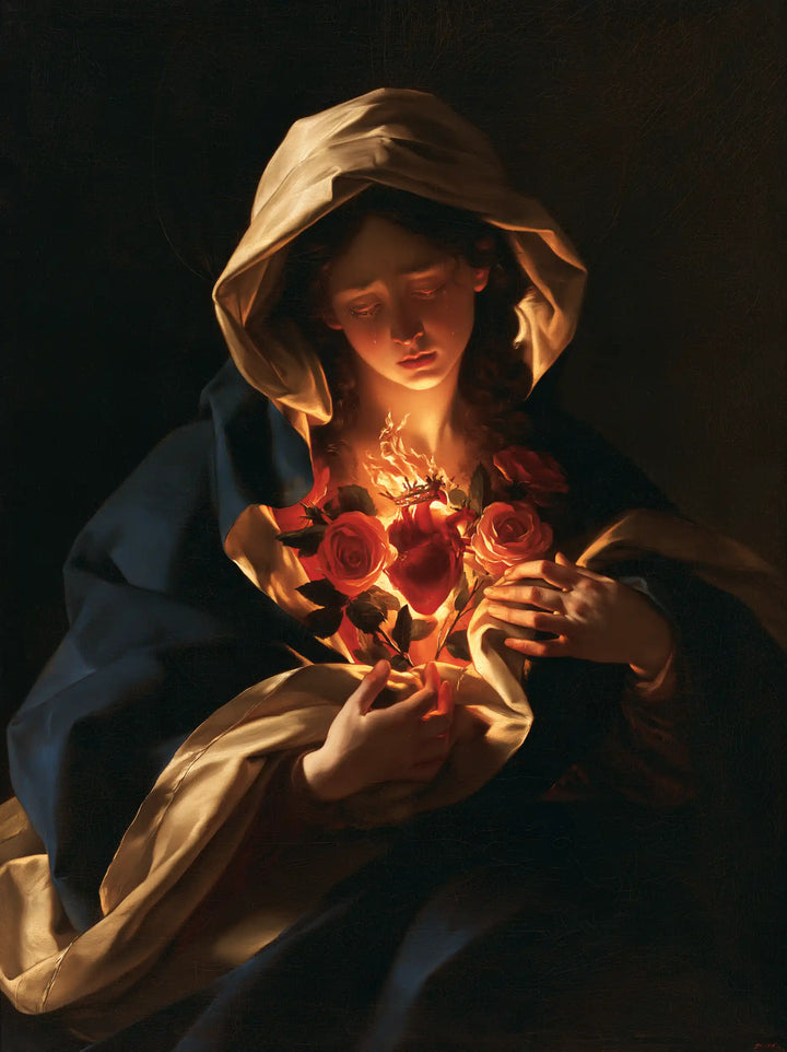 The Immaculate Heart of Mary — The Red Bouquet in Nocturnal Silence
