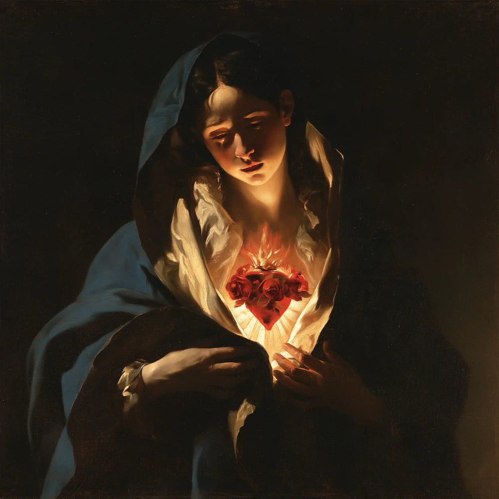 the Immaculate Heart of Mary in dramatic chiaroscuro in Caravaggio Tenebrism style, square Christian artwork no. 6