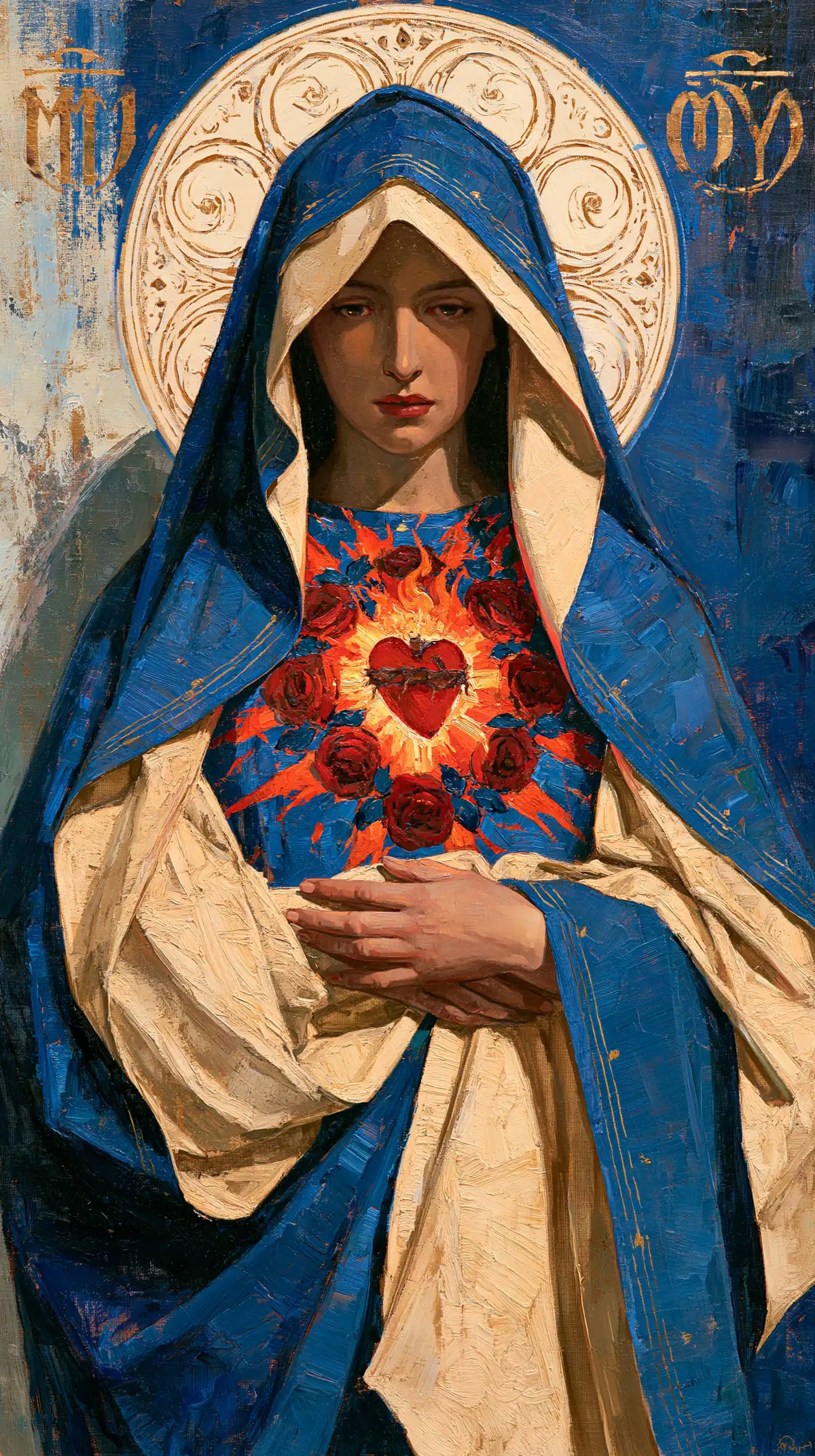 the Immaculate Heart of Mary in an expressionist composition in Expressionist style, portrait Christian artwork no. 1