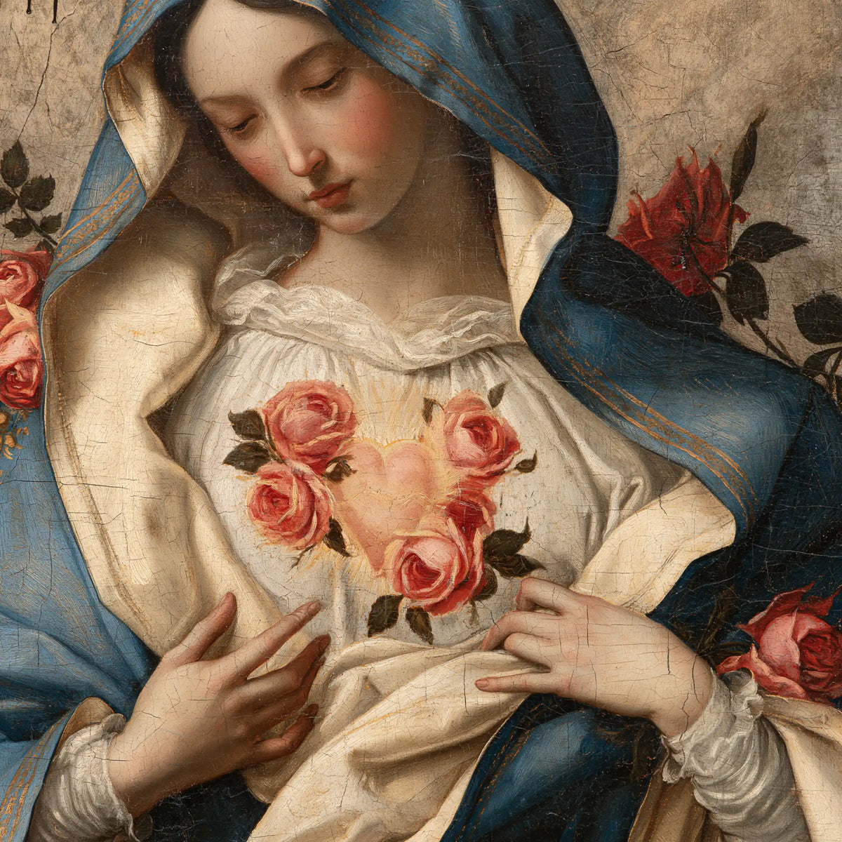 The Immaculate Heart of Mary — Pale Light Amid Pink Roses