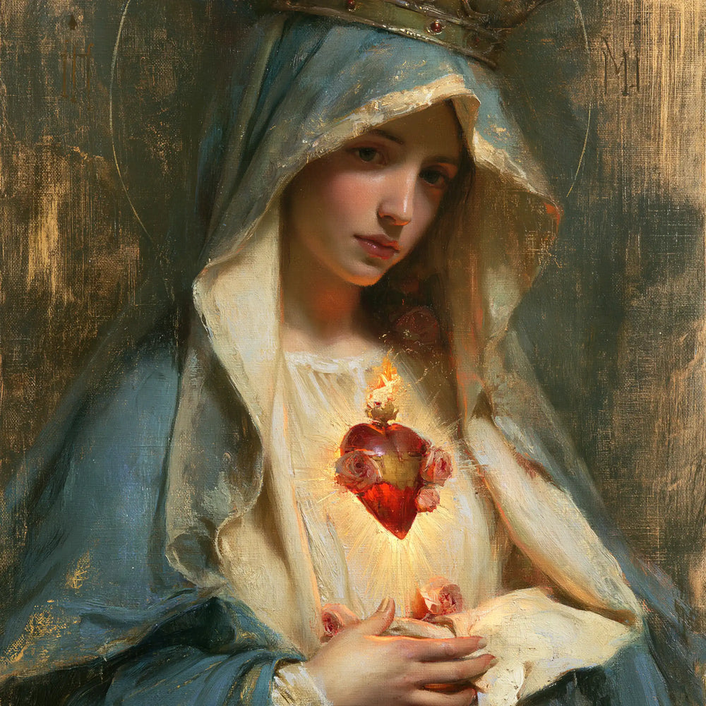 Mary with the Immaculate Heart as the central symbol in The Heart as Central Symbol style, square Christian artwork no. 2