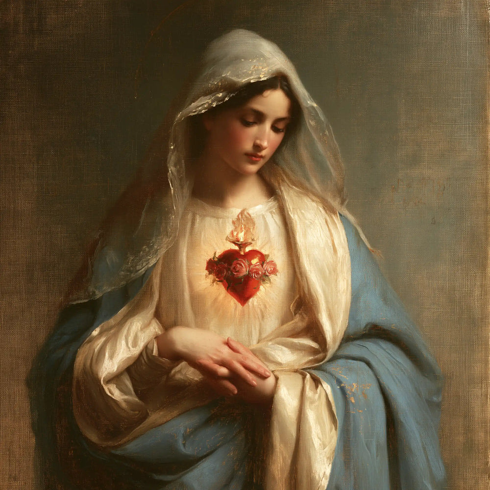 Mary with the Immaculate Heart as the central symbol in The Heart as Central Symbol style, square Christian artwork no. 8