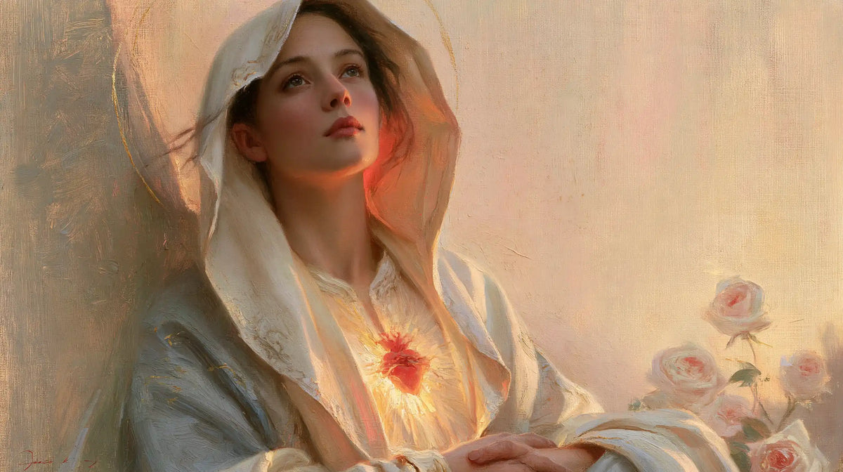 the Immaculate Heart of Mary at dawn in The Immaculate Heart at Dawn style, landscape Christian artwork no. 7