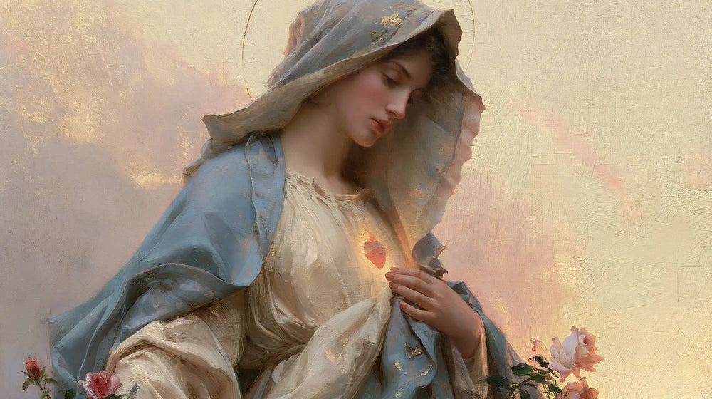 the Immaculate Heart of Mary at dawn in The Immaculate Heart at Dawn style, landscape Christian artwork no. 9