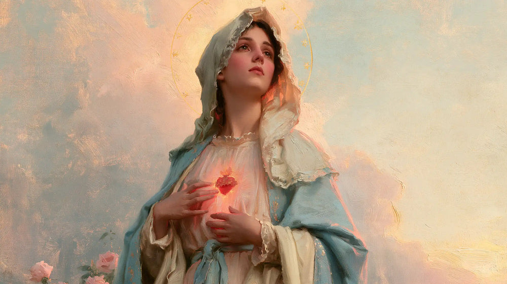 the Immaculate Heart of Mary at dawn in The Immaculate Heart at Dawn style, landscape Christian artwork no. 11