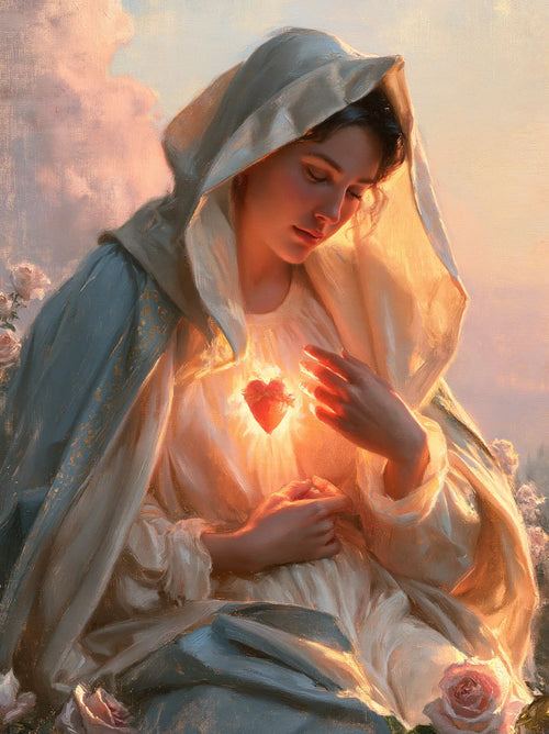 the Immaculate Heart of Mary at dawn in The Immaculate Heart at Dawn style, portrait Christian artwork no. 10