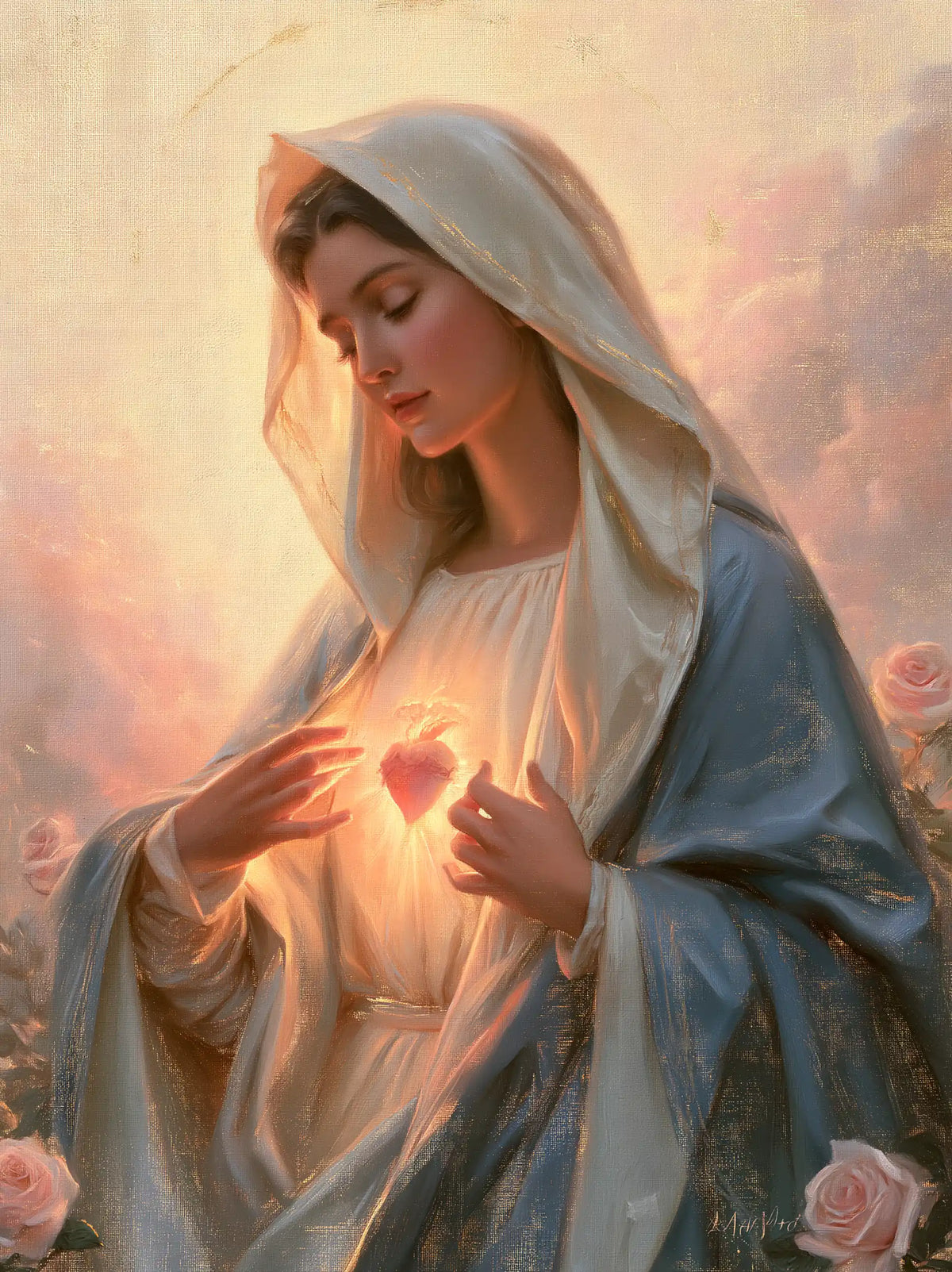 the Immaculate Heart of Mary at dawn in The Immaculate Heart at Dawn style, portrait Christian artwork no. 13