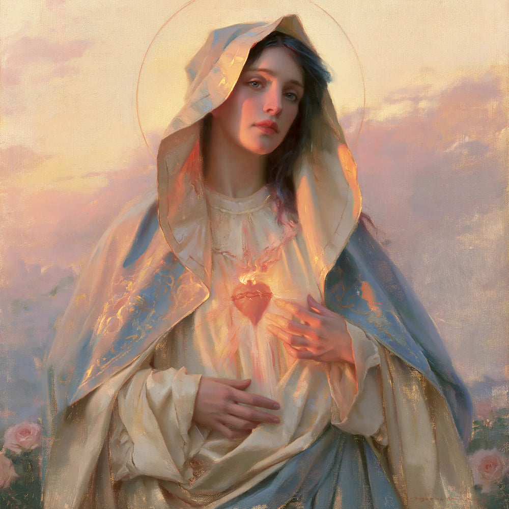 the Immaculate Heart of Mary at dawn in The Immaculate Heart at Dawn style, square Christian artwork no. 9