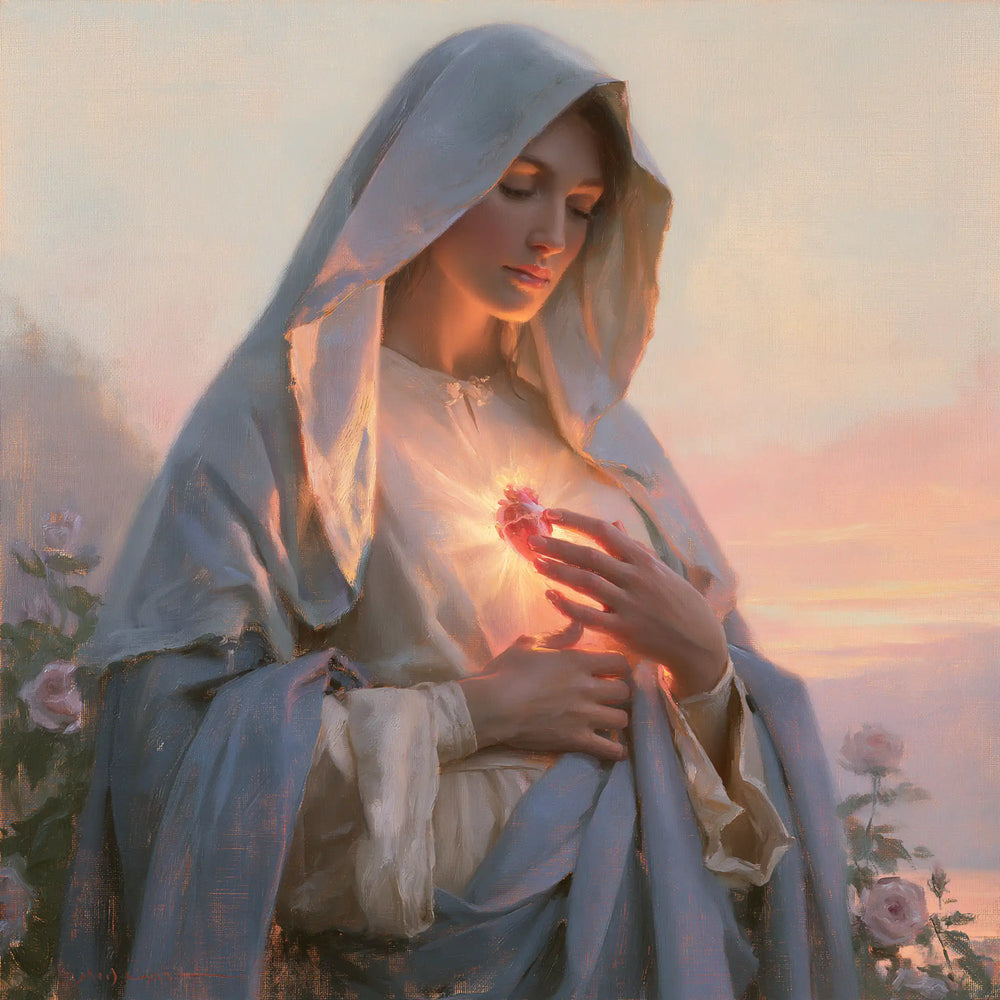 the Immaculate Heart of Mary at dawn in The Immaculate Heart at Dawn style, square Christian artwork no. 10