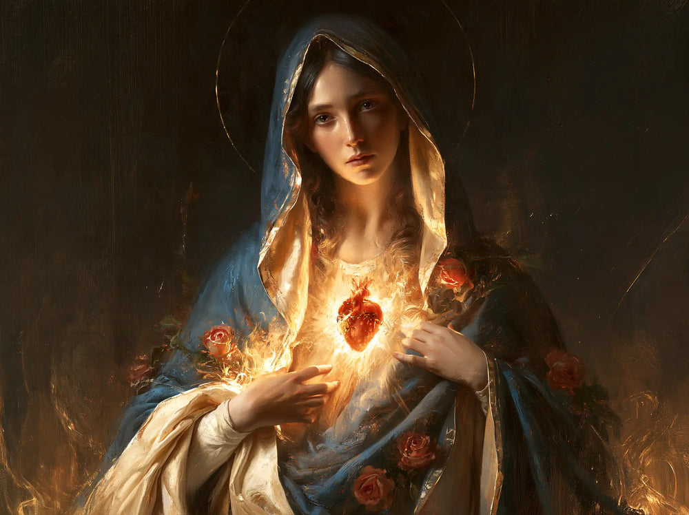 Mary and her Immaculate Heart surrounded by divine light in Mary as Divine Light style, landscape Christian artwork no. 1