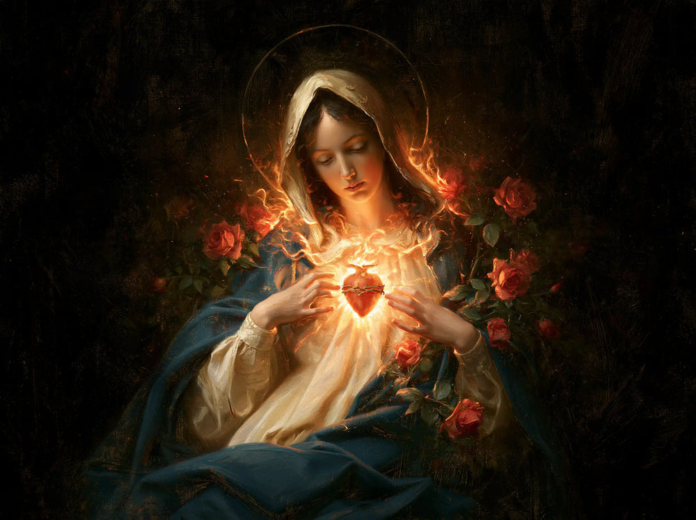 Mary and her Immaculate Heart surrounded by divine light in Mary as Divine Light style, landscape Christian artwork no. 6