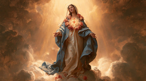 Mary upon the clouds with her Immaculate Heart in Mary upon the Clouds with the Immaculate Heart style, landscape Christian artwork no. 13