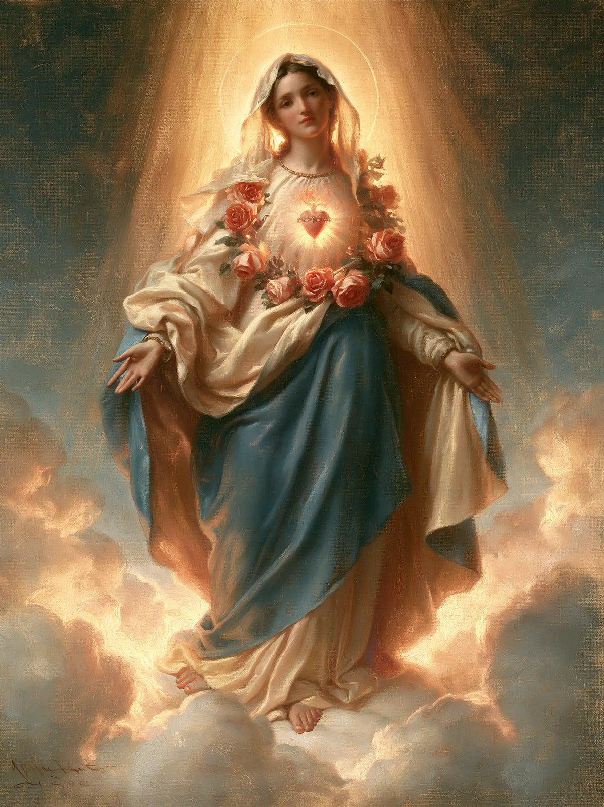 Mary upon the clouds with her Immaculate Heart in Mary upon the Clouds with the Immaculate Heart style, portrait Christian artwork no. 15