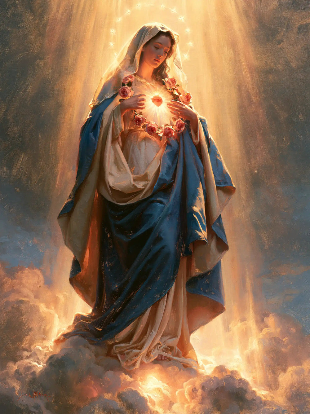 Mary upon the clouds with her Immaculate Heart in Mary upon the Clouds with the Immaculate Heart style, portrait Christian artwork no. 22