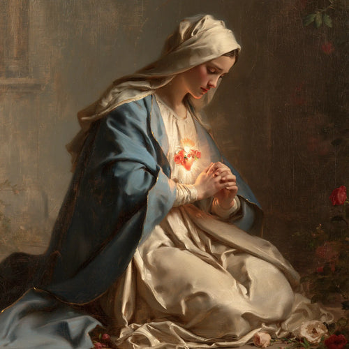 Mary praying with her Immaculate Heart in Mary in Prayer with the Immaculate Heart style, square Christian artwork no. 2